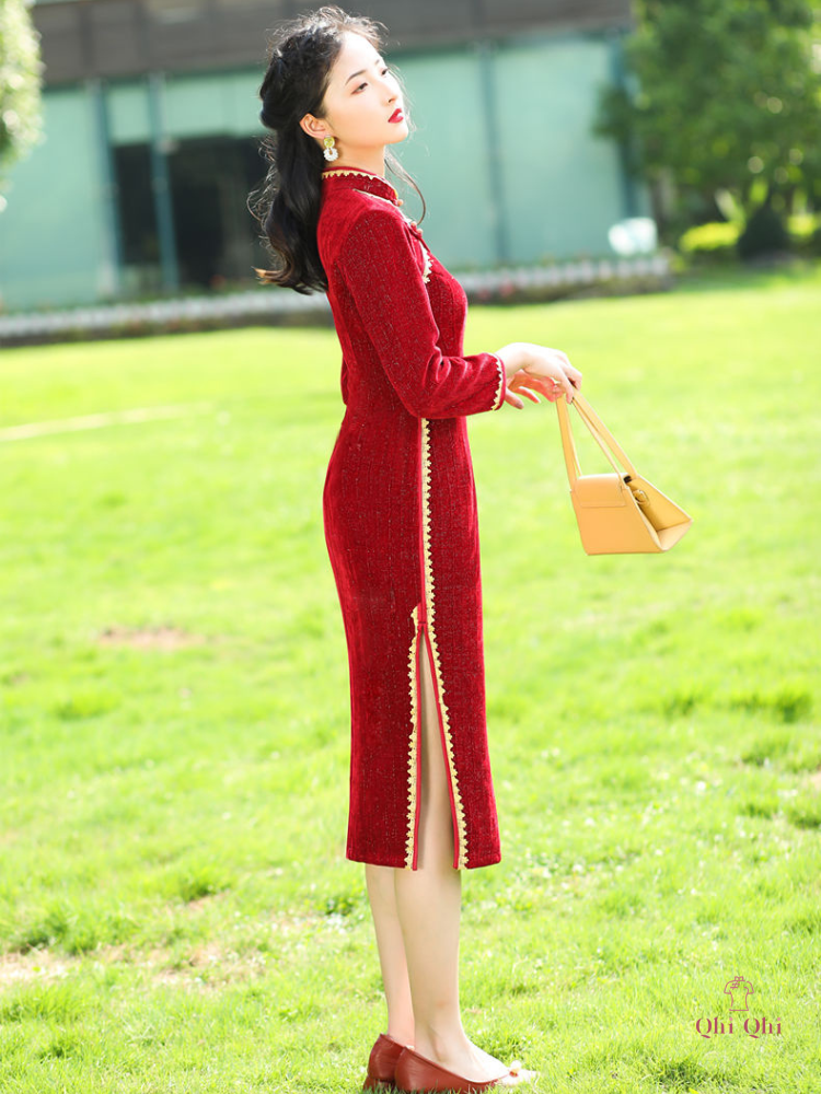 QiPao Modern Long 2023 #06 Chenille Red Wine