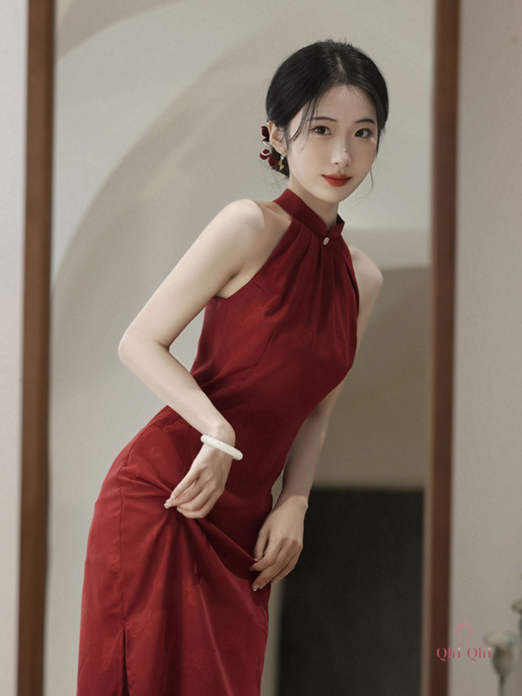 QiPao New Chinese Long 2023 #08 Copper Ammonia Jacquard Red Wine
