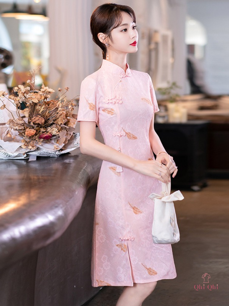 QiPao Traditional Long 2023 #12 Cotton Polyester Fiber Apricot Pink