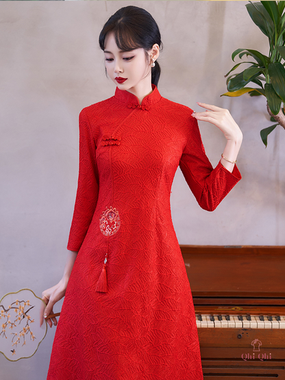QiPao Traditional Long 2023 #15 Cotton Polyester Fiber Red