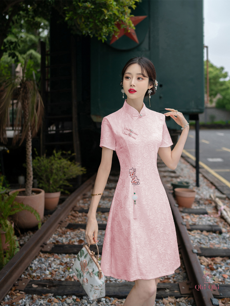 QiPao Traditional Long 2023 #17 Cotton Polyester Fiber Apricot Pink