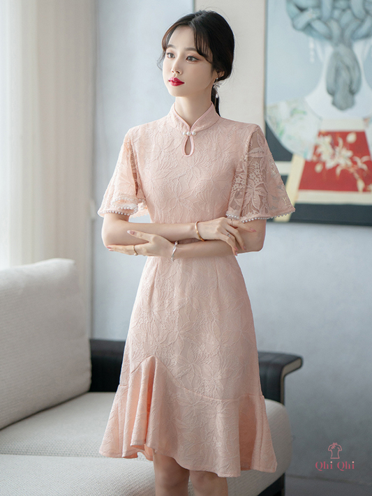 QiPao Traditional Long 2023 #18 Cotton Polyester Fiber Apricot Pink