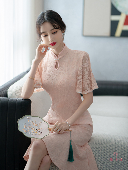 QiPao Traditional Long 2023 #18 Cotton Polyester Fiber Apricot Pink