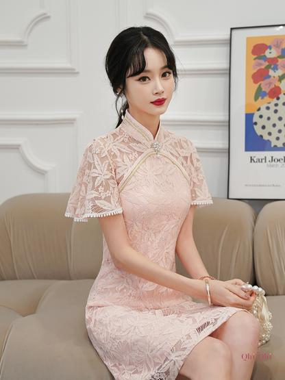 QiPao Traditional Long 2023 #19 Cotton Polyester Fiber Apricot Pink