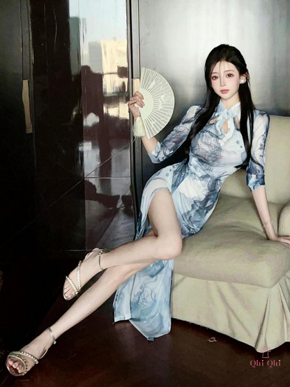 QiPao Sexy Pittura a Inchiostro Cinese Long 2023 #22 Polyester Fiber blu Inchiostro
