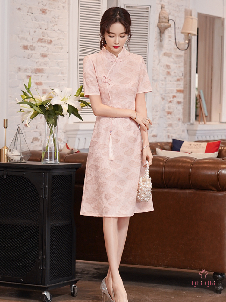 QiPao Traditional Long 2023 #23 Cotton Polyester Fiber Apricot Pink