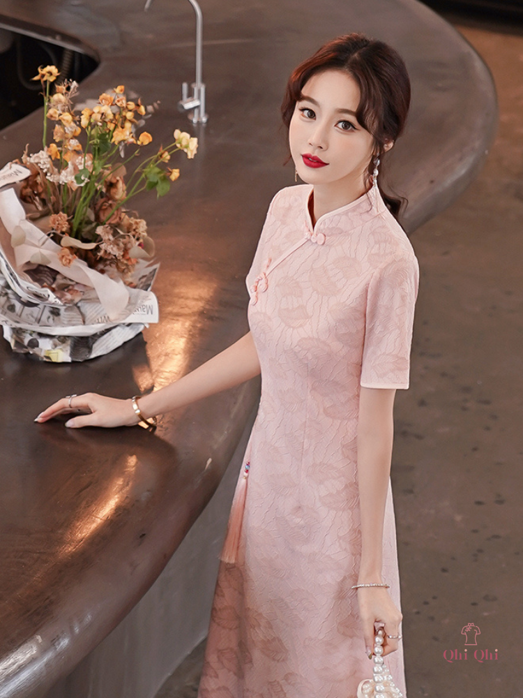 QiPao Traditional Long 2023 #23 Cotton Polyester Fiber Apricot Pink