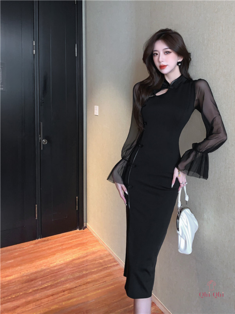 QiPao Sexy Con Spacco Alto Long 2023 #26 Polyester Fiber Black
