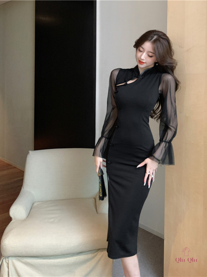 QiPao Sexy Con Spacco Alto Long 2023 #26 Polyester Fiber Black